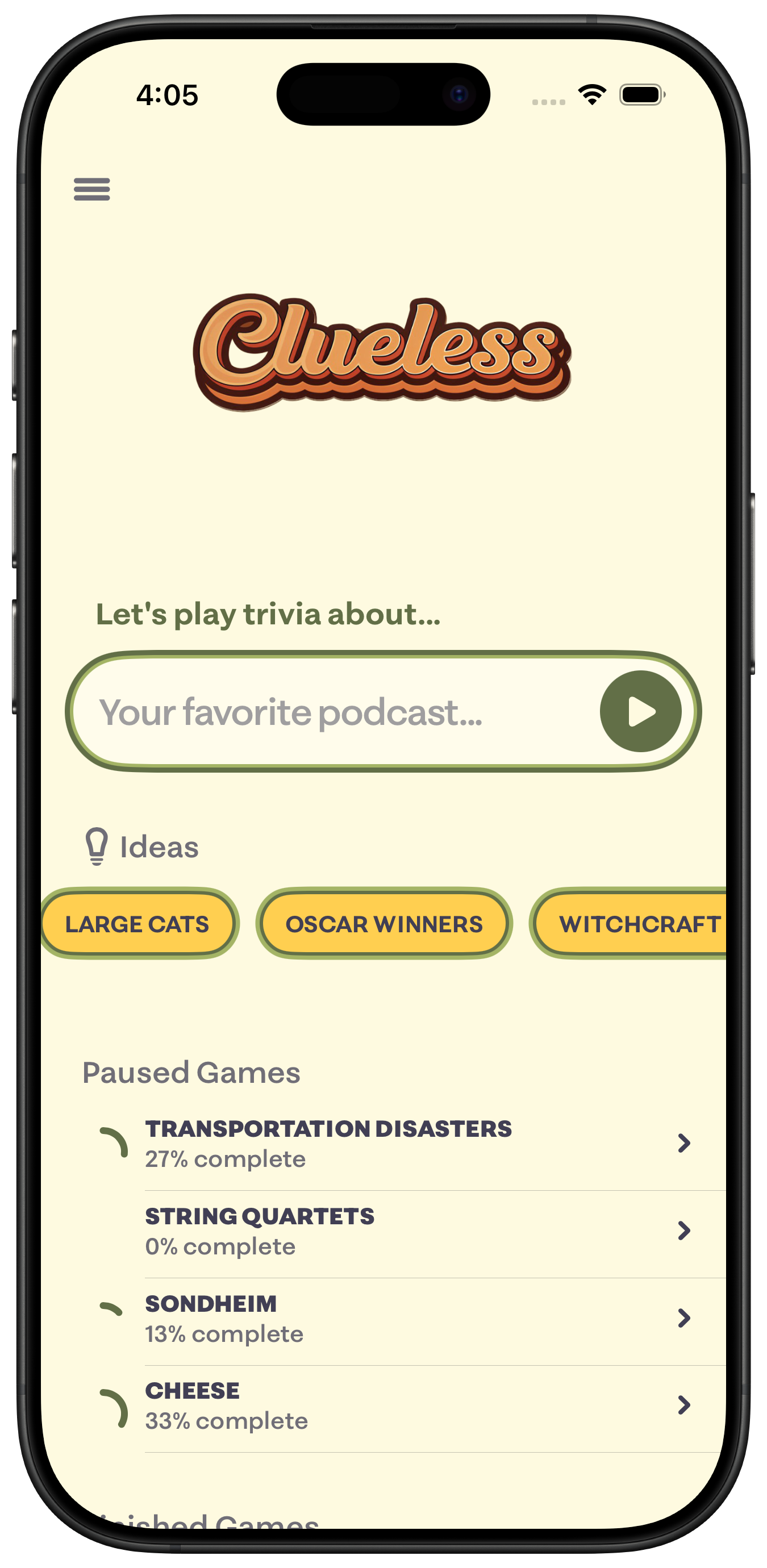 Clueless app home screen on iPhone